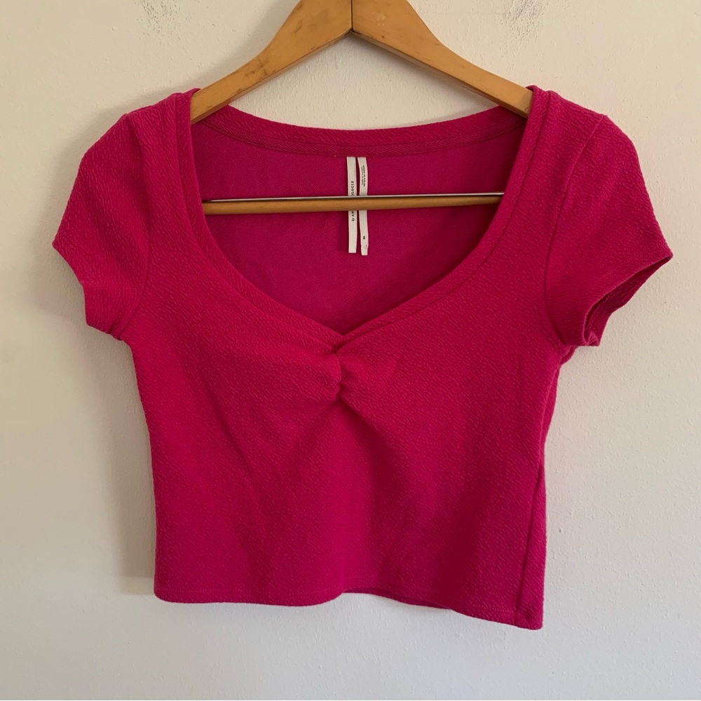 Anthropologie by Anthropologie Scoop Neck Cropped Baby Tee in Hot Pink - Picture 2 of 8